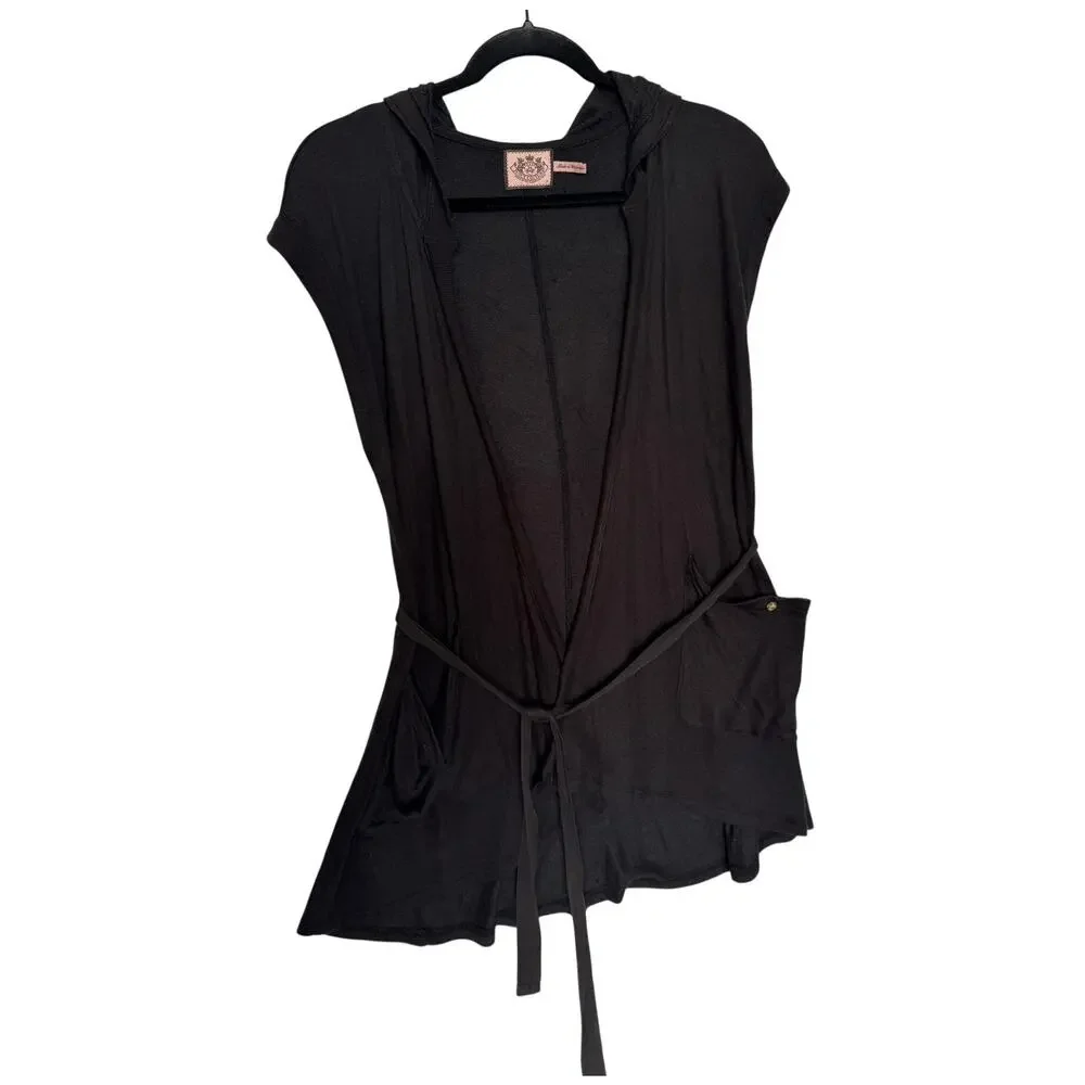 Late 2000s Y2K Juicy Couture Black Terry Hooded Cardigan Petite XS
